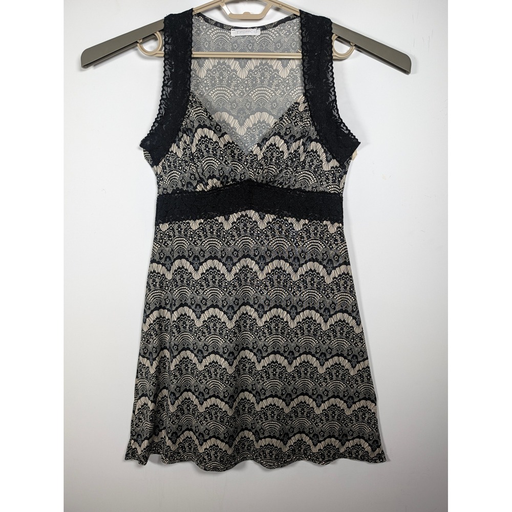 Promod Womens Sleeveless Tank Top Black Tan Faux Lace Print Empire Waist S 32
